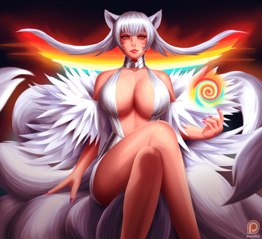 ahri_(league_of_legends) animal_ears breasts center_opening cleavage crossed_legs dress facial_mark female floating_hair fox_ears fox_tail fusion gorget innerboob invisible_chair kill_la_kill kiryuuin_ragyou large_breasts laura_post league_of_legends multicolored_hair multiple_tails nail_polish photoshop_(medium) rainbow_hair sitting solo svoidist tail voice_actor_connection whisker_markings white_dress