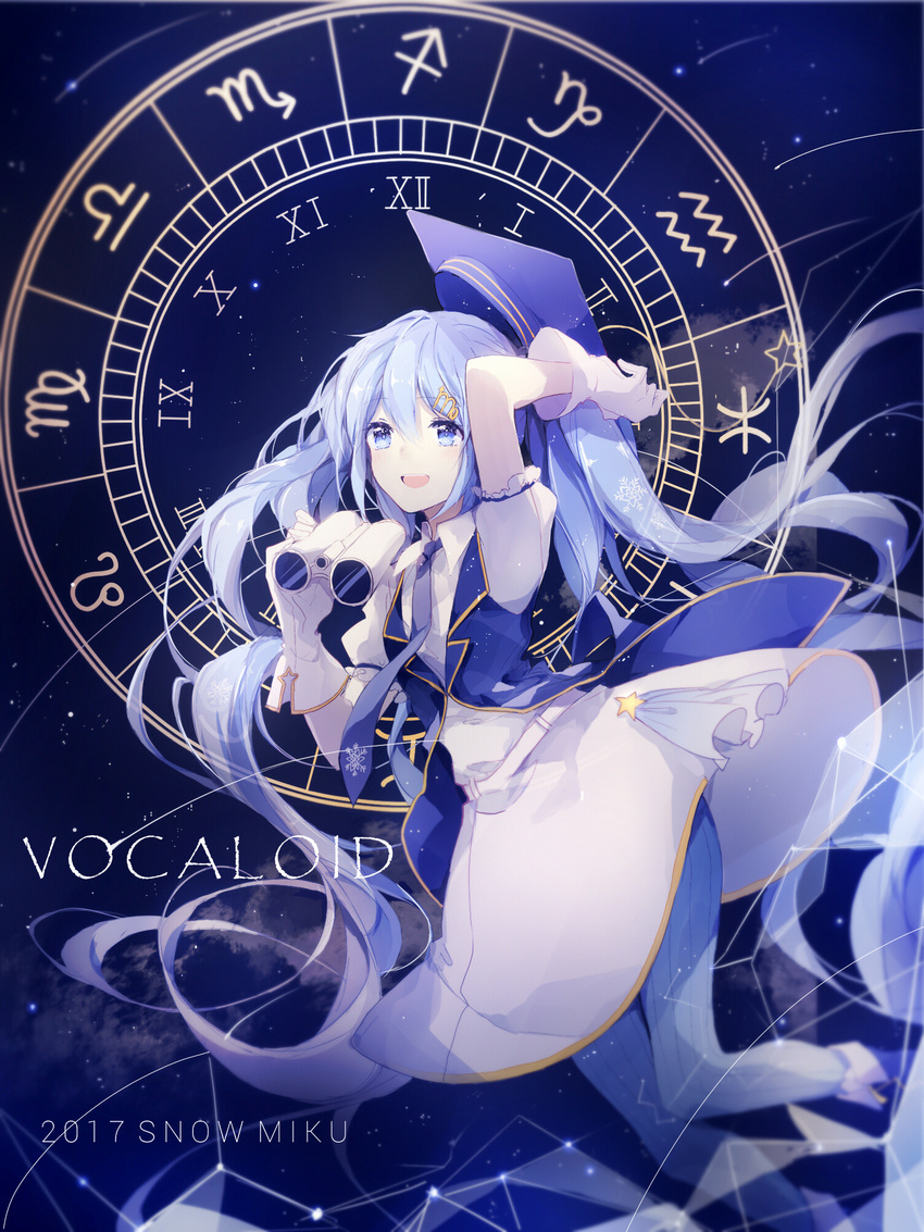 2017 aquarius_(symbol) arm_up binoculars blue_eyes blue_hair capricorn_(symbol) character_name commentary constellation constellation_print copyright_name female gloves hat hatsune_miku highres holding holding_binoculars leo_(symbol) libra_(symbol) long_hair mortarboard open_mouth pantyhose peneko pisces_(symbol) roman_numeral sagittarius_(symbol) scorpio_(symbol) solo star_(sky) star_(symbol) striped_clothes striped_pantyhose twintails vertical-striped_clothes vertical-striped_pantyhose very_long_hair virgo_(symbol) vocaloid white_gloves yuki_miku yuki_miku_(2017)_(candidate_no.1) zodiac_wheel