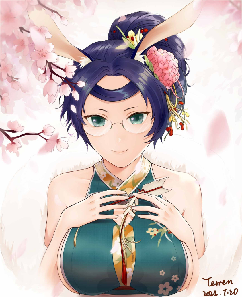 artist_name azur_lane breasts dated female flower green_eyes green_kimono hair_flower hair_ornament hand_on_own_chest highres japanese_clothes kimono large_breasts light_smile long_hair looking_at_viewer official_alternate_costume pink_flower purple_hair sideboob sleeveless sleeveless_kimono solo souryuu_(azur_lane) souryuu_(the_crane_amidst_the_pines)_(azur_lane) terren0814 upper_body