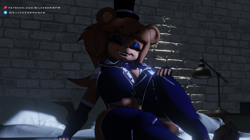 16:9 2022 3d_(artwork) anthro bear bed black_nose breasts brown_body cleavage closed_eyes clothed clothing digital_media_(artwork) female five_nights_at_freddy's freddy_(fnaf) fredina's_nightclub fredina_(cally3d) furniture hand_on_bed hand_on_leg hat headgear headwear hi_res mammal midriff mtf_crossgender on_bed open_mouth patreon patreon_logo patreon_username pillow rule_63 scottgames silver2299 solo teeth text top_hat twitter twitter_logo url widescreen