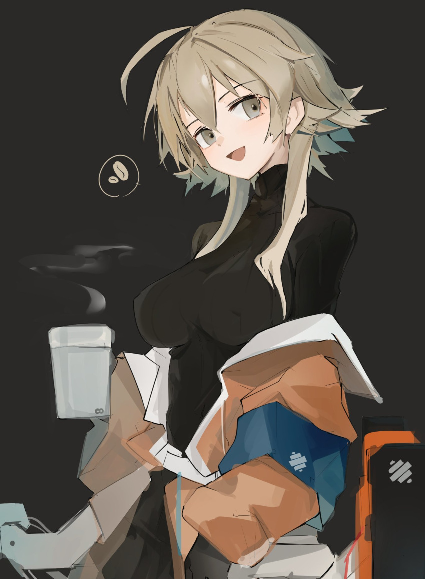 ahoge arknights black_background black_gloves blonde_hair breasts brown_eyes coffee_beans cup english_commentary female gloves hair_between_eyes highres holding holding_cup jacket long_sleeves mayer_(arknights) mikozin off_shoulder open_clothes open_jacket open_mouth orange_jacket ribbed_sweater short_hair_with_long_locks simple_background solo steam sweater turtleneck turtleneck_sweater upper_body