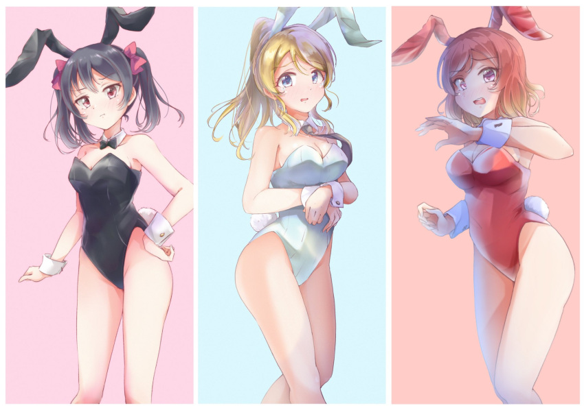 3girls animal_ears ayase_eli bad_id bad_twitter_id bare_legs belly bibi_(love_live!) black_bow black_bowtie black_leotard blonde_hair blue_eyes blue_leotard blush bow bowl_cut bowtie breasts cleavage cowboy_shot detached_collar embarrassed fake_animal_ears fake_tail flat_chest frown groin hair_ornament hairbow highres leotard looking_at_viewer love_live! love_live!_school_idol_project medium_breasts multiple_girls nishikino_maki omoi_seiji open_mouth playboy_bunny ponytail purple_eyes rabbit_ears rabbit_tail red_bow red_hair red_leotard scowl short_hair short_twintails simple_background strapless strapless_leotard tail tearing_up thighs twintails wavy_mouth white_background wrist_cuffs yazawa_nico