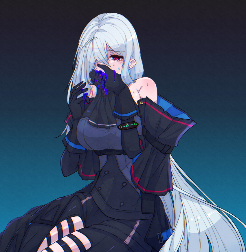 arknights ascot bare_shoulders black_ascot black_gloves black_pants blue_background breasts clothing_cutout commentary_request female gloves gradient_background grey_hair hands_up highres large_breasts leggings long_hair looking_at_viewer no_headwear pants red_eyes sitting skadi_(arknights) skadi_(elite_ii)_(arknights) solo thigh_cutout thighs tsume3mai very_long_hair