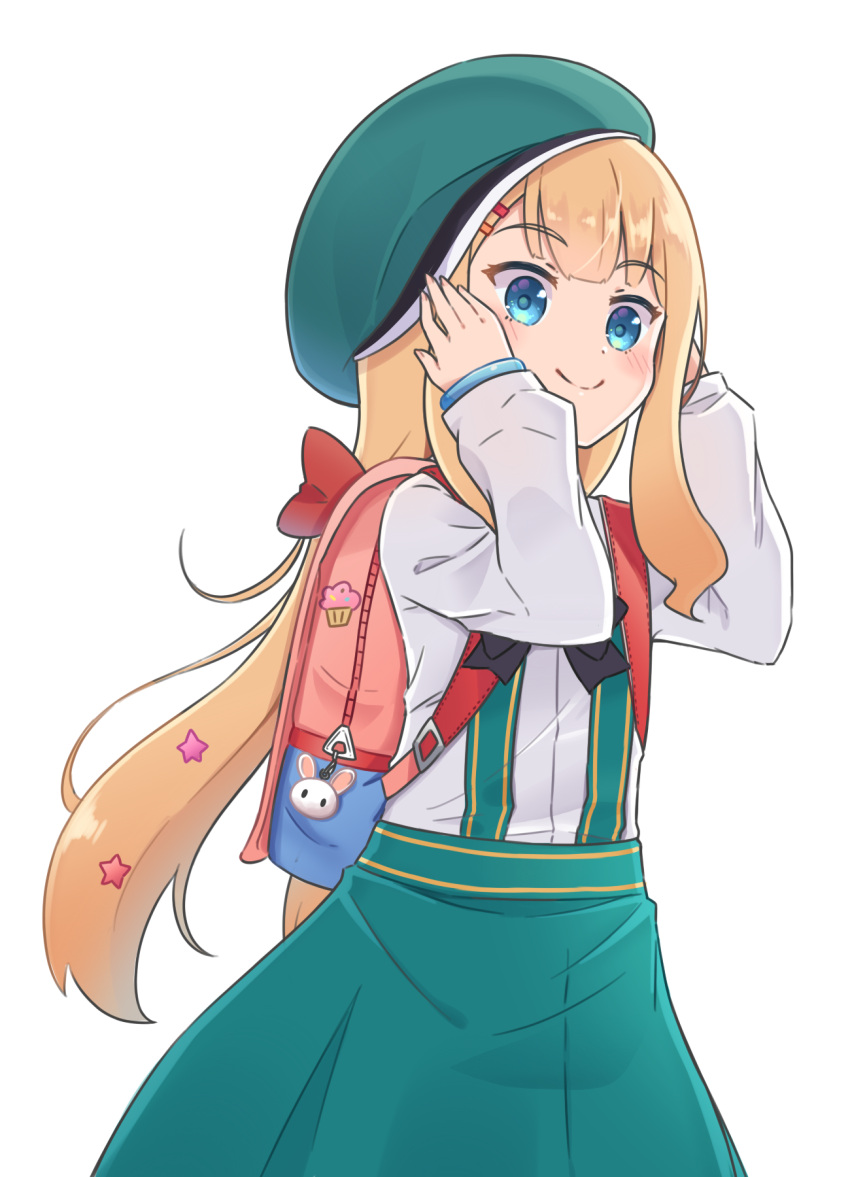 aoi_id backpack bag beret blonde_hair blue_eyes blush bow closed_mouth commentary_request female green_hat green_skirt hair_ornament hairclip hands_up hat highres long_hair long_sleeves millie_adelaide puffy_long_sleeves puffy_sleeves randoseru red_bow rutorifuki shirt skirt sleeves_past_wrists smile solo star_(symbol) star_hair_ornament suspender_skirt suspenders very_long_hair virtual_youtuber white_shirt