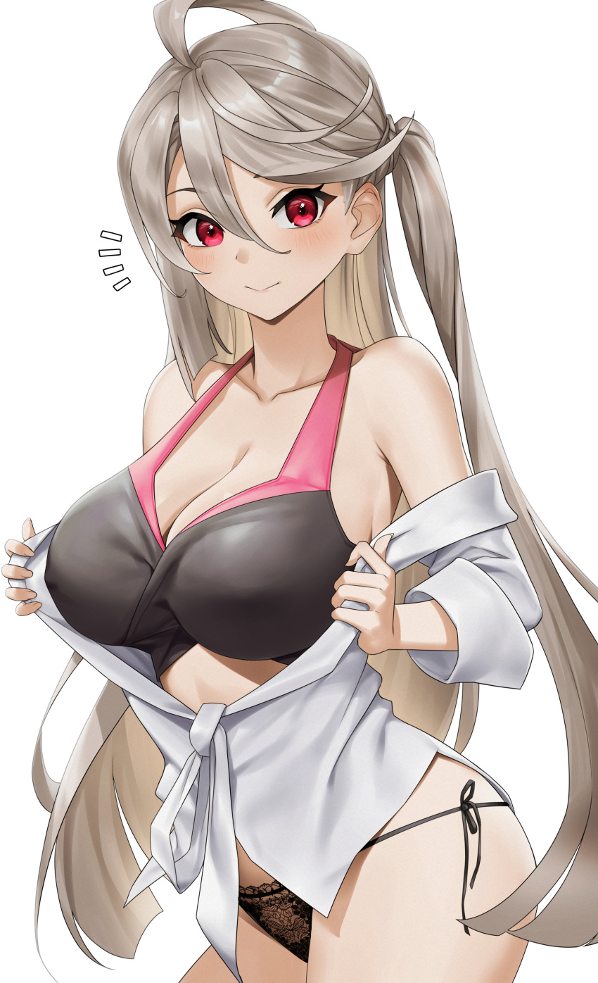 absurdres ahoge bikini black_panties blush breasts cleavage commentary female grey_hair gundam gundam_build_metaverse highres large_breasts long_hair looking_at_viewer one_side_up panties red_eyes solo sunkilow swimsuit underwear undressing upper_body urutsuki_seria