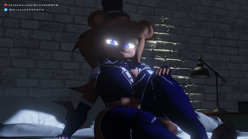 16:9 2022 3d_(artwork) anthro bear bed blue_eyes breasts brown_body cleavage clothed clothing digital_media_(artwork) female five_nights_at_freddy's freddy_(fnaf) fredina's_nightclub fredina_(cally3d) furniture hand_on_bed hand_on_leg hat headgear headwear hi_res light mammal midriff moonlight mtf_crossgender night on_bed patreon patreon_logo patreon_username pillow rule_63 scottgames silver2299 solo text top_hat twitter twitter_logo url widescreen