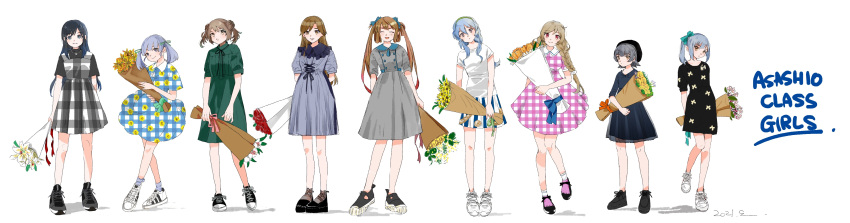 6+girls absurdres alternate_costume aqua_eyes arare_(kancolle) arashio_(kancolle) arms_behind_back asagumo_(kancolle) asashio_(kancolle) bad_id bad_twitter_id beret black_footwear black_hair black_headwear bouquet bow braid brown_hair closed_eyes dated double_bun dress floral_print flower gingham grey_hair hair_between_eyes hair_bun hair_ribbon hairband hairbow hat highres hirai_sabu holding holding_bouquet kantai_collection kasumi_(kancolle) long_hair michishio_(kancolle) minegumo_(kancolle) multiple_girls ooshio_(kancolle) open_mouth ponytail ribbon shirt shoes short_sleeves short_twintails sidelocks simple_background skirt smile sneakers socks standing striped_clothes striped_skirt twintails unmoving_pattern white_background white_footwear white_shirt yamagumo_(kancolle)