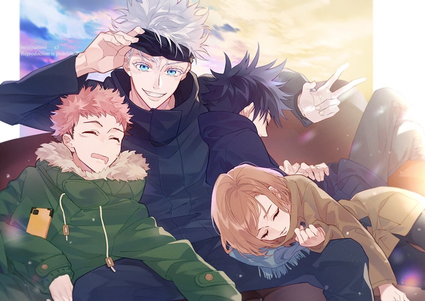 3boys arm_up black_hair black_jacket black_pants blindfold blindfold_lift blue_eyes blue_neckwear brown_hair brown_jacket cellphone closed_eyes couch cowboy_shot drooling facial_mark female fur_collar fushiguro_megumi gojou_satoru green_jacket grin high_collar itadori_yuuji jacket jujutsu_kaisen jujutsu_tech_uniform kugisaki_nobara kurisu_takumi long_sleeves multiple_boys pants phone pink_hair profile scarf short_hair sleeping smile spiked_hair teacher_and_student twitter_username undercut v white_hair