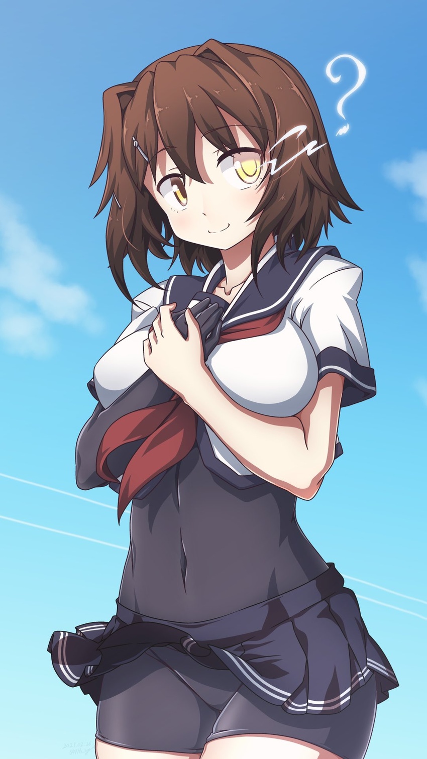 547th_sy ? black_bodysuit blue_skirt blush bodysuit breasts brown_hair cloud contrail covered_navel day female furutaka_(kancolle) furutaka_kai_ni_(kancolle) glowing glowing_eye hair_between_eyes hair_ornament hairclip hands_on_own_chest heterochromia highres kantai_collection large_breasts neckerchief outdoors pleated_skirt red_neckerchief sailor_collar school_uniform serafuku short_hair short_sleeves skirt sky smile solo yellow_eyes