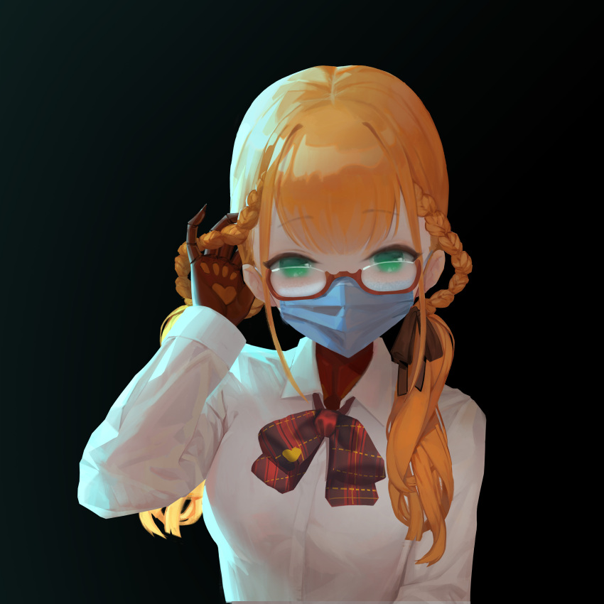 absurdres adjusting_hair ak4t andou_inari andou_inari_official backlighting black_background blue_mask bow bowtie braid breasts brown_gloves brown_ribbon chinese_commentary collared_shirt commentary_request female glasses gloves green_eyes hair_ribbon highres long_hair long_sleeves looking_at_viewer low_twintails mask mouth_mask nijisanji open_collar orange_hair partial_commentary paw_print_palms plaid plaid_bow plaid_bowtie red-framed_eyewear red_bow red_bowtie ribbon semi-rimless_eyewear shirt simple_background solo surgical_mask twin_braids twintails under-rim_eyewear upper_body virtual_youtuber virtuareal white_shirt