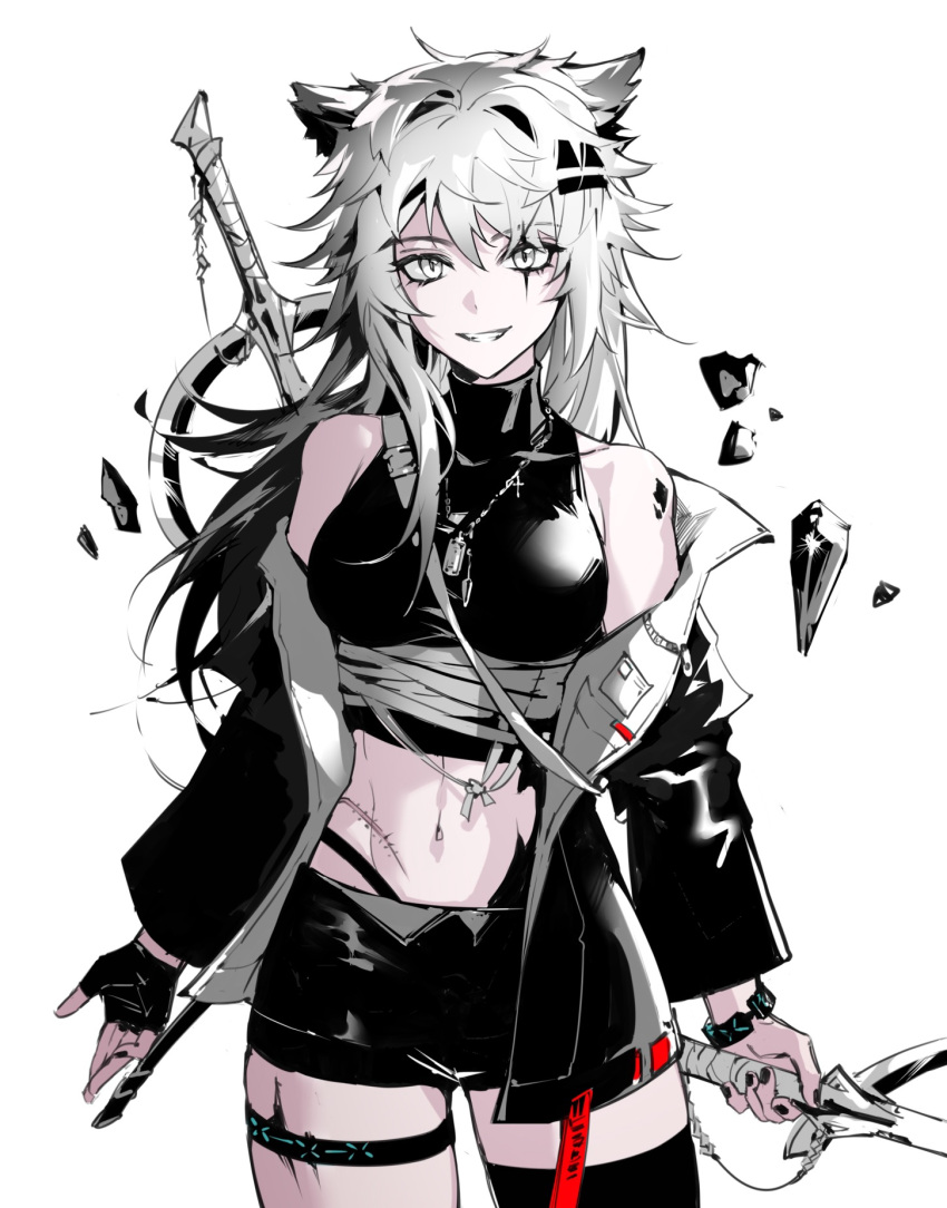 :d alternate_costume animal_ears arknights bandages bare_shoulders black_gloves black_jacket black_nails black_shorts black_thighhighs bracelet breasts cowboy_shot crop_top female fingerless_gloves gloves grey_eyes highres holding holding_sword holding_weapon infection_monitor_(arknights) jacket jewelry lappland_(arknights) long_hair long_sleeves looking_at_viewer material_growth medium_breasts minilang nail_polish navel necklace open_clothes open_jacket originium_arts_(arknights) oripathy_lesion_(arknights) parted_lips scar short_shorts shorts single_glove single_thighhigh smile solo stomach sword thigh_strap thighhighs weapon weapon_on_back white_hair wolf_ears