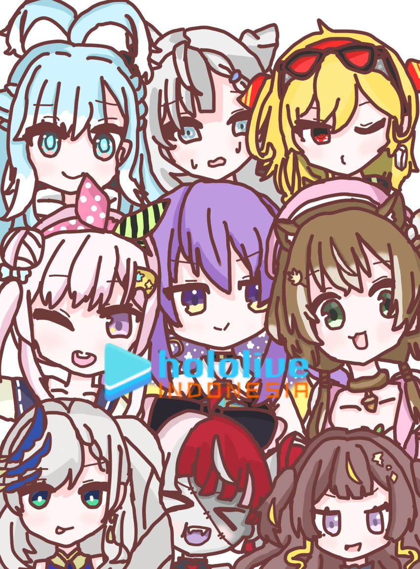 >_< 6+girls airani_iofifteen anya_melfissa artist_request ayunda_risu ayunda_risu_(1st_costume) blonde_hair blue_eyes blue_hair braid brown_hair earrings eyewear_on_head feather_hair_ornament feathers green_eyes hair_bobbles hair_ornament hair_ribbon highres hololive hololive_indonesia jewelry kaela_kovalskia kaela_kovalskia_(1st_costume) kobo_kanaeru kobo_kanaeru_(1st_costume) kureiji_ollie kureiji_ollie_(1st_costume) long_hair moona_hoshinova multicolored_hair multiple_girls one_eye_closed pavolia_reine pavolia_reine_(1st_costume) pink_hair portrait purple_eyes purple_hair red_eyes red_hair ribbon short_hair smile sunglasses tinted_eyewear tongue tongue_out vestia_zeta virtual_youtuber