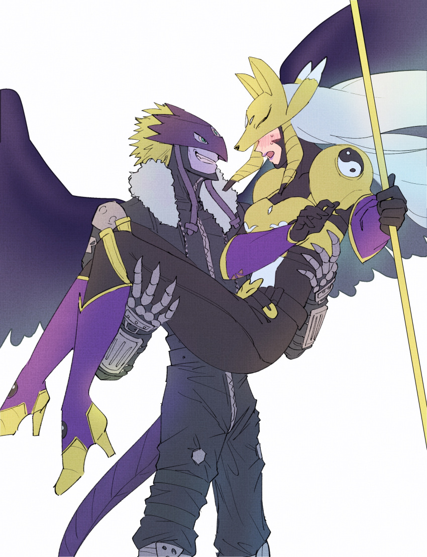 1boy absurdres armor ass beelzebumon beelzebumon_blast_mode belt black_bodysuit black_jacket black_wings blonde_hair blush bodysuit breasts buckle carrying claws colored_skin commentary_request covered_collarbone covered_eyes cowboy_shot detached_sleeves digimon digimon_(creature) embarrassed facial_mark feathered_wings female floating_hair fox_mask fur-trimmed_jacket fur_trim gauntlets gloves green_eyes grey_hair grin high_heels highres holding holding_staff jacket lipstick long_hair looking_at_another makeup mask medium_breasts nose_blush open_clothes open_jacket open_mouth princess_carry purple_legwear purple_lips purple_sleeves ramune_b sakuyamon short_hair simple_background smile staff standing stirrup_legwear straight tail teeth third_eye toeless_legwear twintails very_long_hair white_background wings yellow_armor yellow_footwear yin_yang yin_yang_print zipper