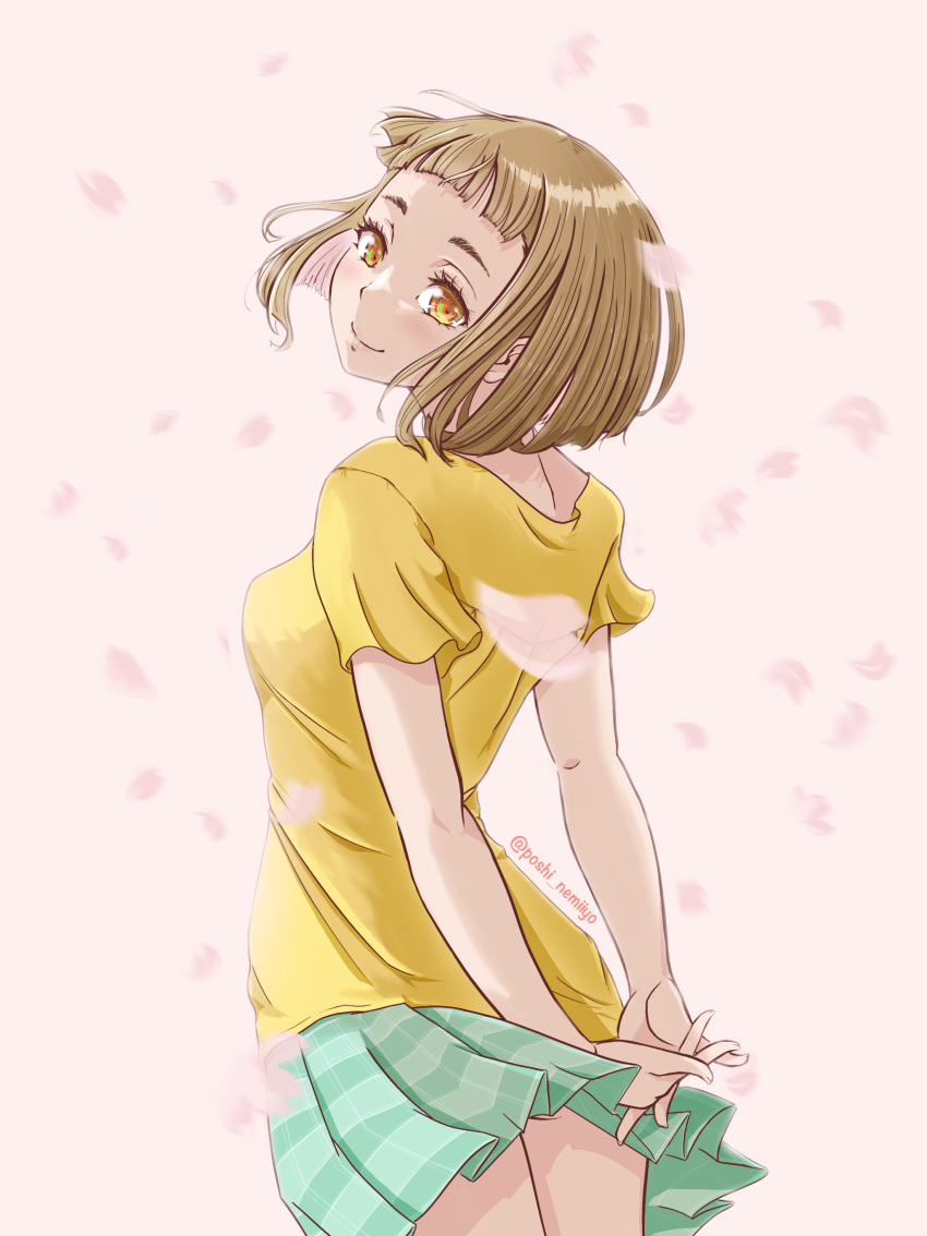 absurdres bob_cut brown_eyes brown_hair female green_skirt highres interlocked_fingers looking_back own_hands_together petals poshi_nemiiyo shirt short_hair short_sleeves simple_background skirt smile solo sora_yori_mo_tooi_basho standing tamaki_mari twitter_username wind yellow_shirt