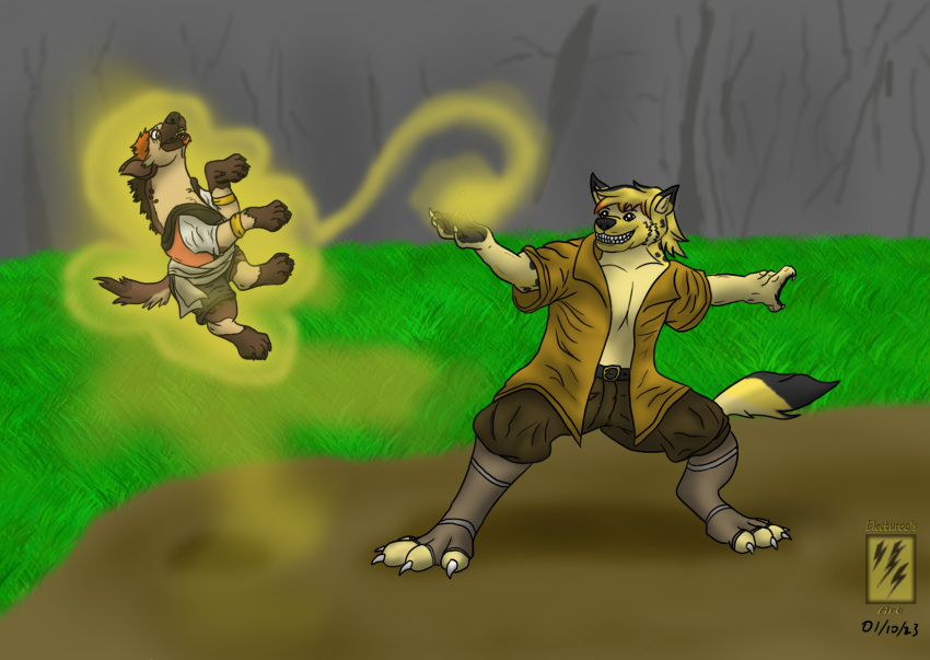 2023 adventure adventurer after_transformation anthro black_nose brown_body brown_fur brown_hair claws duo electuroo_(artist) eye_scar facial_scar fantasy feral feral_transformation fluffy fur gnoll hair hi_res hybrid hyena magic male mammal orange_eyes pawpads paws ra'zim scar tail tan_body tan_fur toe_claws transformation