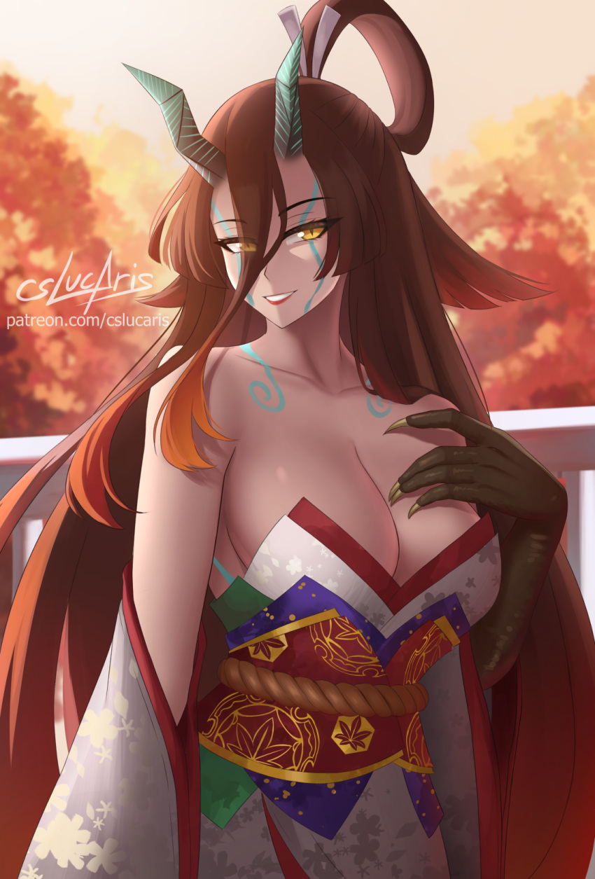 animal_hands artist_name autumn backlighting bare_shoulders breasts brown_hair claws cleavage collarbone commentary cslucaris detached_sleeves english_commentary fate/grand_order fate/requiem fate_(series) female gradient_hair grin hair_between_eyes highres horns japanese_clothes kijo_kouyou_(fate) kijo_kouyou_(third_ascension)_(fate) kimono large_breasts long_hair looking_at_viewer monster_girl multicolored_hair orange_hair orange_sky patreon_username ponytail rope sash sky sleeveless sleeveless_kimono slit_pupils smile solo tree twilight very_long_hair web_address white_kimono wide_sleeves yellow_eyes