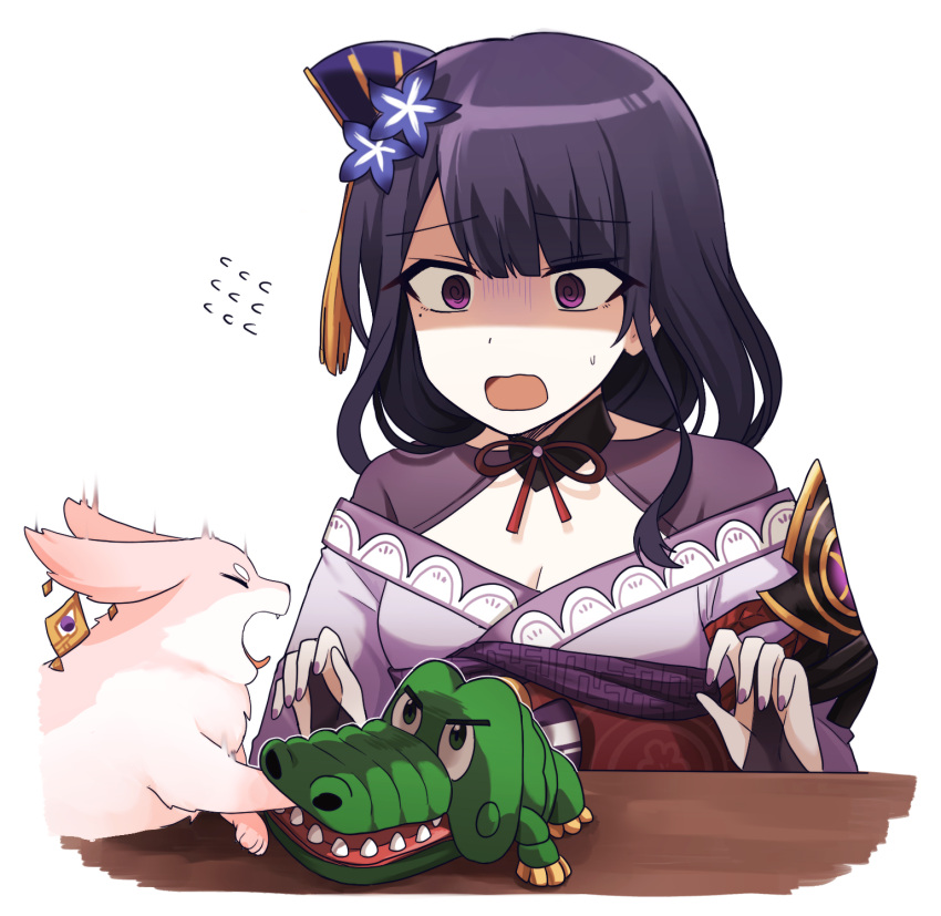 @_@ alligator armor biting biting_another's_hand bow bowtie breasts bridal_gauntlets cat_crocodile_dentist_(meme) choker cleavage commentary crocodile_dentist crocodilian english_commentary female flower flying_sweatdrops fox genshin_impact hair_flower hair_ornament hands_up highres japanese_clothes kimono lix_(iroiro3843) long_hair looking_at_another medium_breasts meme mole mole_under_eye obi obiage obijime open_mouth pain purple_eyes purple_flower purple_hair purple_kimono purple_nails raiden_shogun red_ribbon ribbon ribbon_choker sash shaded_face shoulder_armor simple_background surprised sweat table toy upper_body white_background wide-eyed yae_miko yae_miko_(fox)