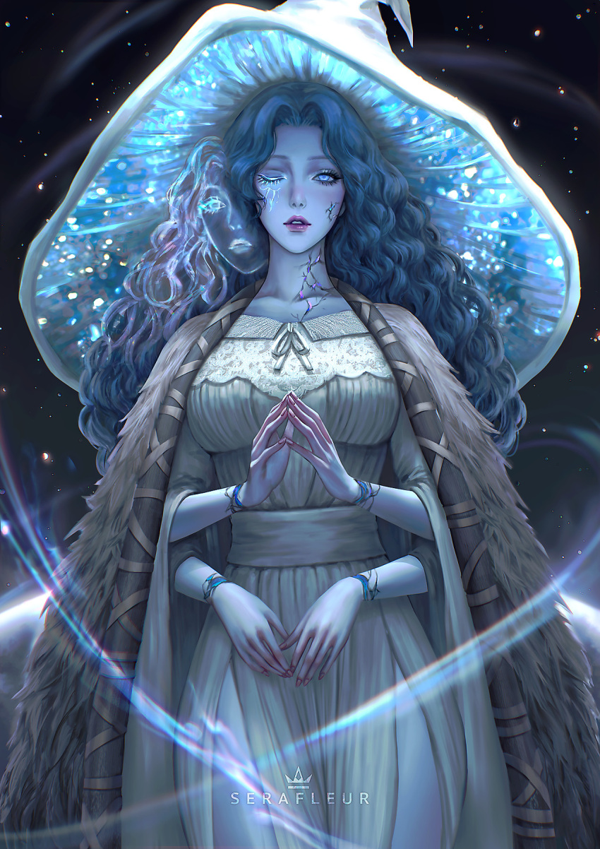 artist_name blue_eyes cloak cracked_skin doll_joints dress elden_ring english_commentary extra_arms extra_faces extra_hands female fur_cloak hat highres joints large_hat long_hair one_eye_closed parted_lips ranni_the_witch robe serafleur standing star_(sky) witch_hat