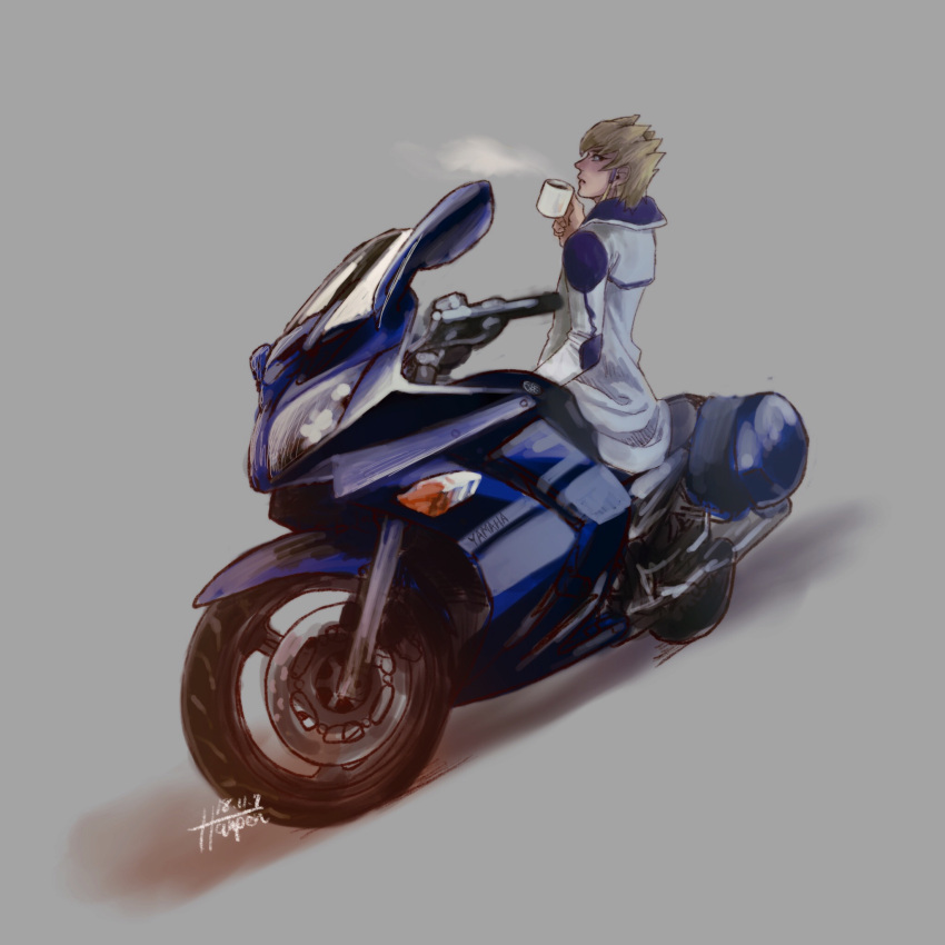 1boy bad_id bad_pixiv_id blonde_hair closed_mouth coat coffee_mug commentary_request cup dated earrings grey_background hair_between_eyes hanpen_(higepiyo) highres holding holding_cup jack_atlas jewelry leaning_back long_sleeves looking_at_viewer looking_back male_focus motor_vehicle motorcycle mug short_hair signature simple_background solo spiked_hair white_coat yamaha yu-gi-oh! yu-gi-oh!_5d's