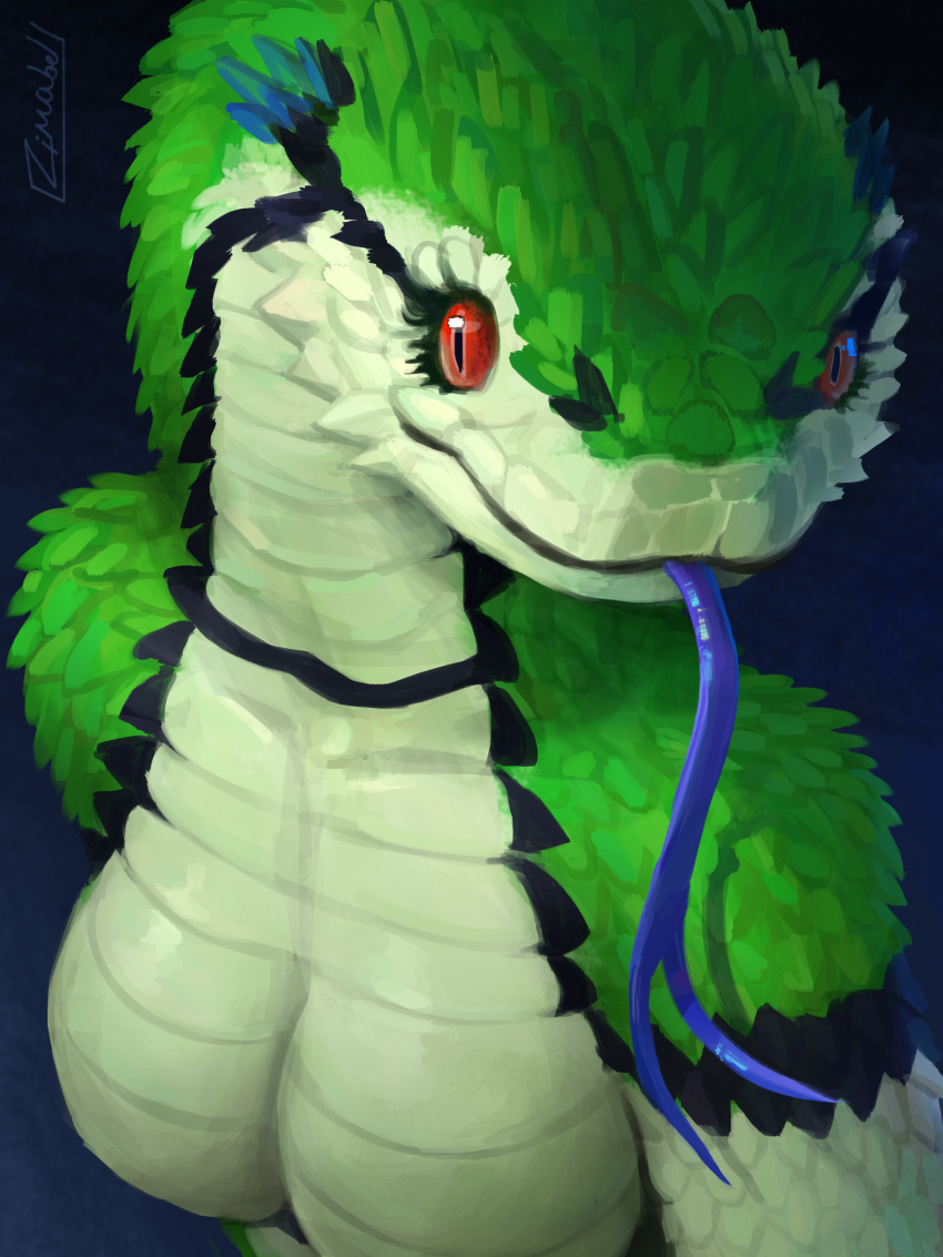 3:4 absurd_res anthro belly black_markings blue_markings blue_tongue breasts bust_portrait featureless_breasts female green_body hi_res looking_sideways markings medium_breasts nude portrait red_eyes reptile scales scalie snake solo tongue viper white_belly zimabel