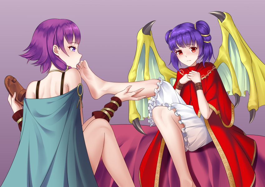 2girls absurdres bare_shoulders barefoot blush cape commission dragon_girl dragon_wings dress feet fire_emblem fire_emblem:_the_sacred_stones highres licking licking_foot lute_(fire_emblem) multi-tied_hair multiple_girls myrrh_(fire_emblem) oirin open_mouth pixiv_commission purple_eyes purple_hair red_eyes short_hair soles toes twintails wings yuri