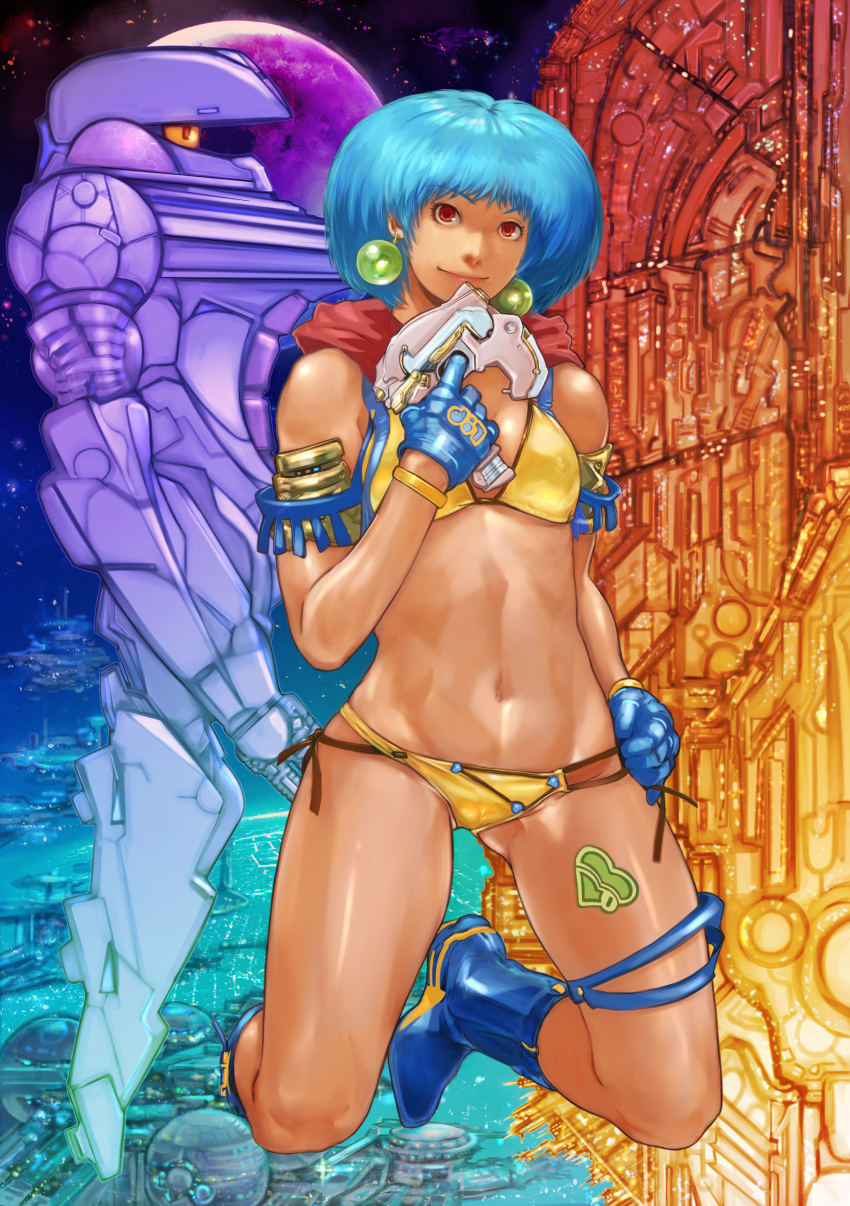 absurdres armlet bikini blue_footwear blue_gloves blue_hair boots breasts earrings female gloves highres holding holding_weapon jewelry kneeling lip_(lip_(manga)) lip_(manga) mecha moon navel red_eyes red_scarf robot scarf science_fiction short_hair small_breasts swimsuit tan vigwer weapon yellow_bikini