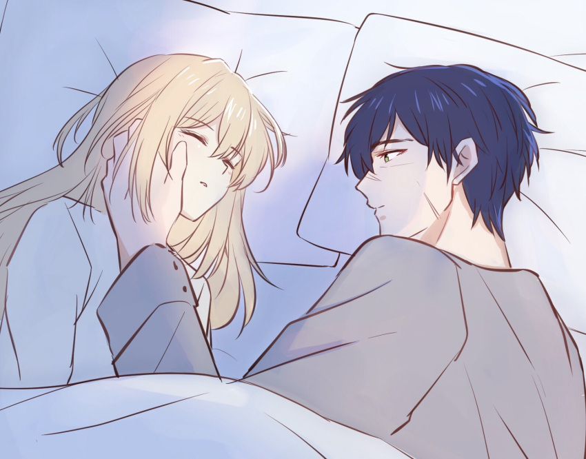 1boy bed_sheet blanket blonde_hair blue_hair blush closed_mouth commentary_request couple dark_blue_hair female from_above from_side gilbert_bougainvillea green_eyes grey_shirt hair_between_eyes hand_on_another's_cheek hand_on_another's_face highres long_hair long_sleeves looking_at_another lying on_side parted_lips pillow scar scar_on_cheek scar_on_face scar_on_nose shin_(shinshan427) shirt short_hair sidelocks sleeping straight upper_body violet_evergarden violet_evergarden_(series)