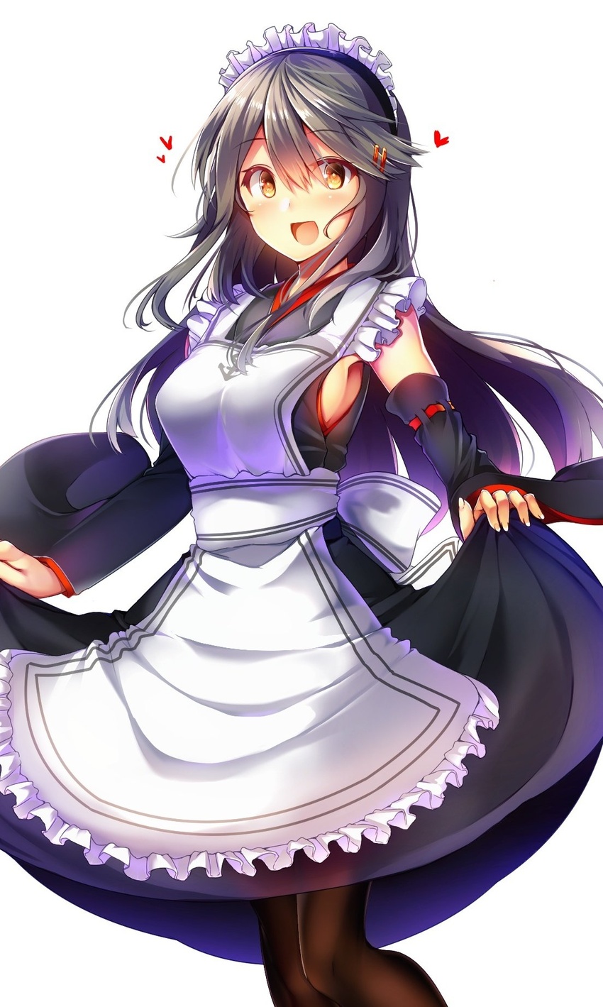 apron armpit_cutout black_dress black_pantyhose blush clothing_cutout commentary_request detached_sleeves dress female grey_hair hair_between_eyes hair_ornament hairclip haruna_(kancolle) heart highres kantai_collection long_hair maid maid_apron maid_headdress open_mouth pantyhose simple_background skirt_hold smile solo tsukui_kachou white_background white_headwear