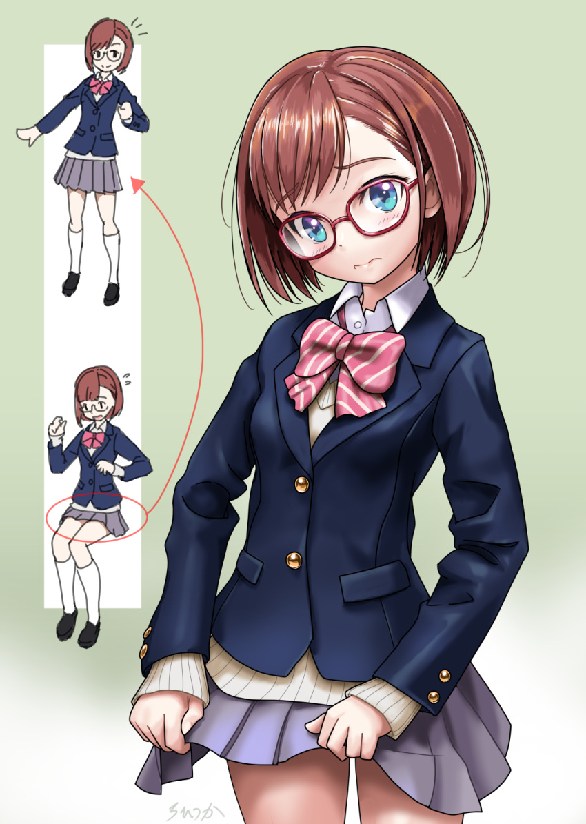 arrow_(symbol) black_jacket blazer blue_eyes blush bow brown_hair brown_sweater closed_mouth collared_shirt commentary_request diagonal-striped_bow diagonal_stripes dress_shirt female glasses grey_skirt highres jacket long_sleeves multiple_views pink_bow pleated_skirt red-framed_eyewear rohitsuka school_uniform shirt short_hair signature skirt skirt_hold sleeves_past_wrists smile sousai_shoujo_teien standing striped sweater takanashi_koyomi wavy_mouth white_shirt