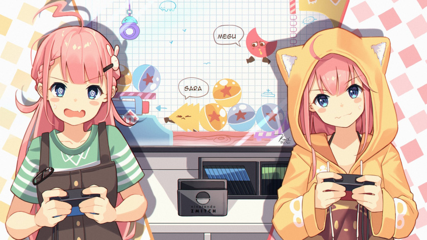 2girls ahoge animal_ears animal_hood black_overalls blue_eyes blush_stickers braid cat_ears controller fake_animal_ears game_console game_controller green_shirt hair_ornament hairclip highres hood hoodie kuri_(animejpholic) long_hair multiple_girls nintendo_switch oerba_yun_fang open_mouth original overalls pink_hair playing_games shirt short_sleeves siblings sisters striped_clothes striped_shirt television upper_body yellow_hoodie yellow_shirt