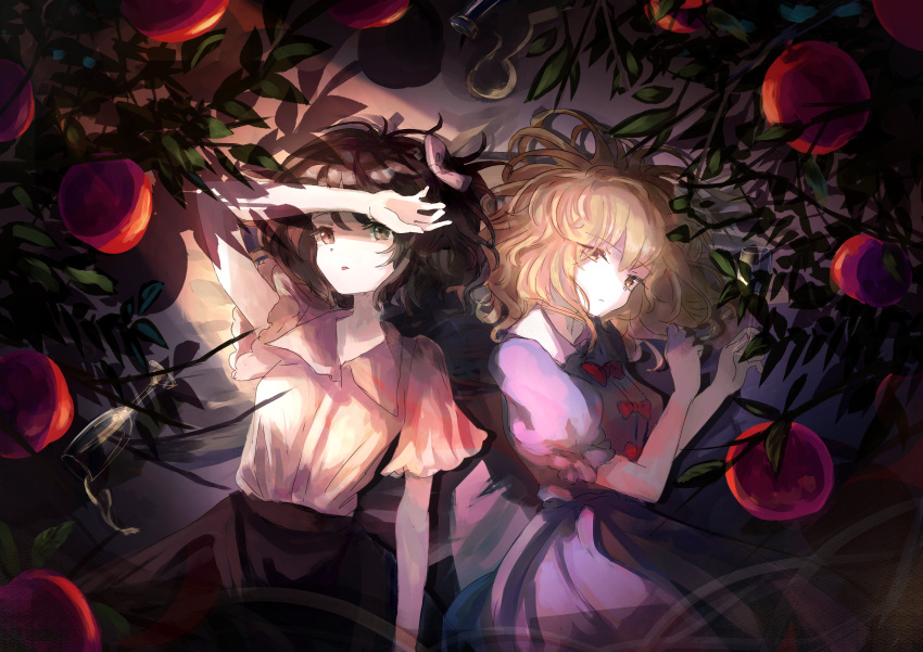 2girls absurdres apple apple_tree arm_over_head black_skirt blonde_hair bottle bow branch brown_eyes brown_hair collared_dress collared_shirt cup dress drinking_glass food fruit hairbow highres leaf looking_at_viewer lying maribel_hearn minus_(sr_mineka) multiple_girls on_back puffy_short_sleeves puffy_sleeves purple_dress red_bow shirt short_hair short_sleeves skirt touhou tree upper_body usami_renko white_shirt wide_sleeves wine_glass yellow_eyes