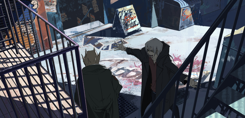 2boys arrow_(symbol) balcony black_coat black_pants blonde_hair coat commentary_request cowboy_shot dumpster from_above graffiti grate green_coat highres jack_atlas kiryu_kyosuke looking_at_another male_focus manhole medium_hair morikura_(tytoalbaski) multiple_boys open_mouth outdoors outstretched_arms pants railing red_shirt scapegoat sewer_grate shirt short_hair sign spiked_hair spread_arms stairs standing white_hair yellow_eyes yu-gi-oh! yu-gi-oh!_5d's