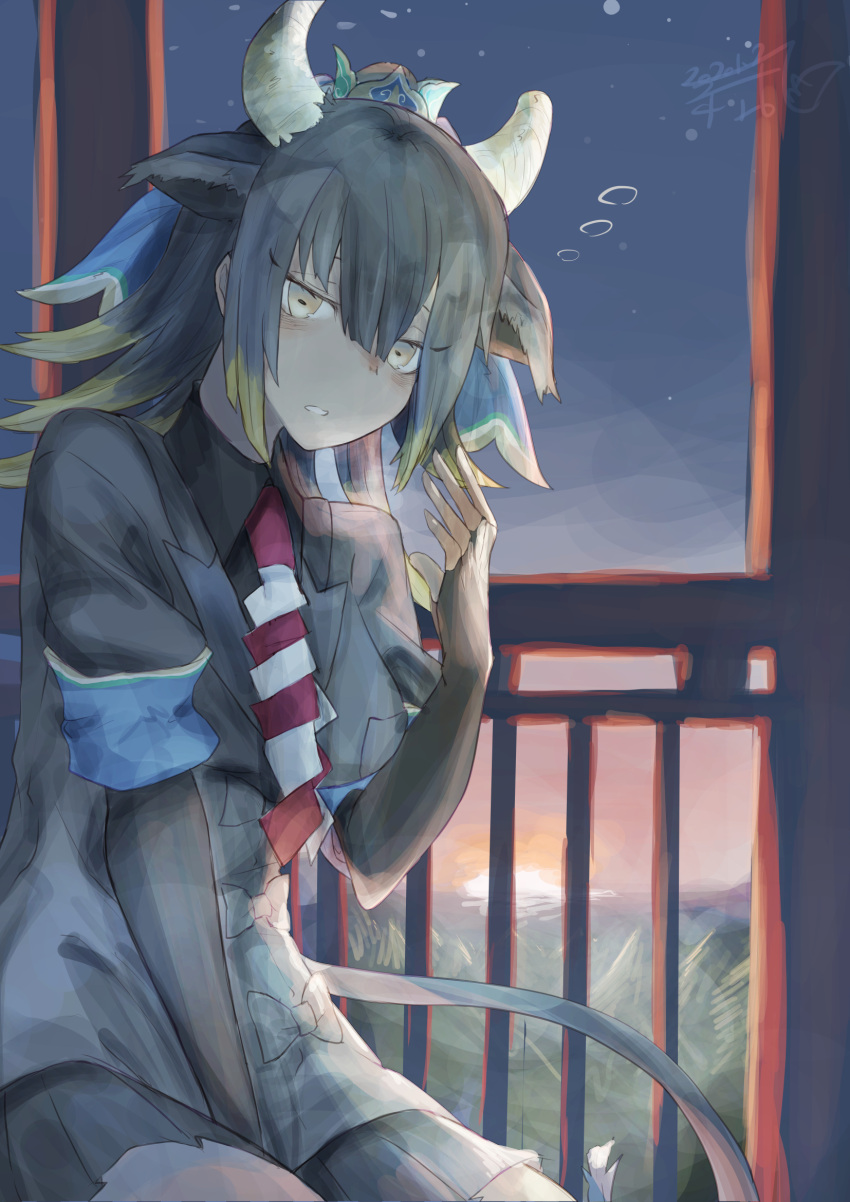 animal_ears aranagi_(arng_4401) black_hair blonde_hair bow breast_pocket breath broken_horn collared_shirt commentary extra_ears female fingerless_gloves gloves goshingyu-sama_(kemono_friends) gradient_sky grey_hair grey_horns hair_between_eyes hair_ornament hand_up highres horizon horizontal_pupils horns jacket kemono_friends long_hair looking_at_viewer miniskirt multicolored_hair multicolored_horns necktie ocean ox_ears ox_horns pocket railing shirt short_sleeves sitting skirt sky sleepy solo sun twilight water wing_collar yellow_eyes yellow_horns