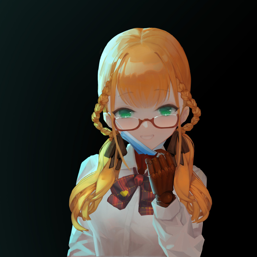 absurdres ak4t andou_inari andou_inari_official backlighting black_background blue_mask bow bowtie braid breasts brown_gloves brown_ribbon chinese_commentary collared_shirt commentary_request female glasses gloves green_eyes grin hair_ribbon highres long_hair long_sleeves looking_at_viewer looking_over_eyewear low_twintails mask mask_pull mouth_mask nijisanji open_collar orange_hair partial_commentary plaid plaid_bow plaid_bowtie red-framed_eyewear red_bow red_bowtie ribbon semi-rimless_eyewear shirt simple_background smile solo surgical_mask twin_braids twintails under-rim_eyewear upper_body virtual_youtuber virtuareal white_shirt