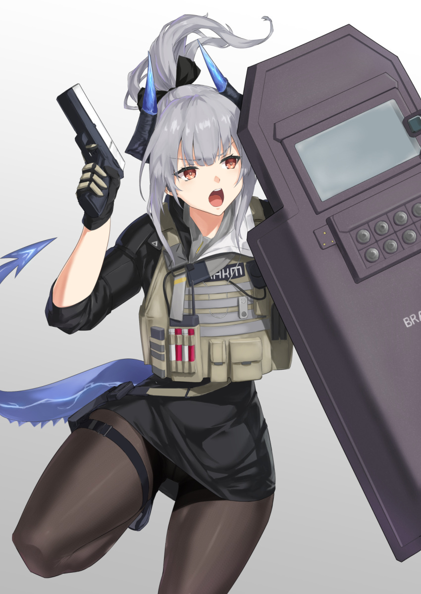 arknights ballistic_shield black_bow black_dress blunt_bangs bow brown_pantyhose bulletproof_vest commentary dragon_girl dragon_horns dragon_tail dress english_commentary female grey_background grey_hair gun hairbow handgun highres holding holding_gun holding_shield holding_weapon horns leg_up liskarm_(arknights) liskarm_(overload)_(arknights) long_hair long_sleeves official_alternate_costume open_mouth pantyhose ponytail red_eyes shield short_dress sidelocks simple_background solo tail thigh_strap tsukira_(amayadori) upskirt v-shaped_eyebrows weapon