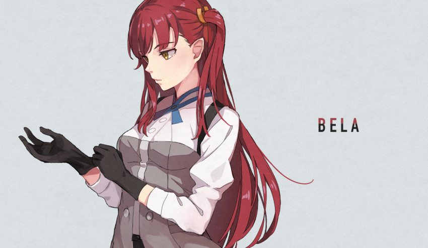 adjusting_clothes adjusting_gloves bad_id bad_pixiv_id bera black_gloves breasts character_name commentary female gloves grey_background grey_jacket jacket long_hair long_sleeves looking_away medium_breasts one_side_up parted_lips pointy_ears red_hair simple_background solo sugai_(4ugaii) upper_body very_long_hair yellow_eyes youkai_ningen_bem