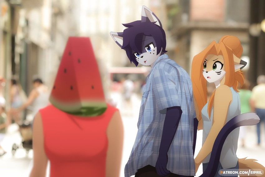 animate_inanimate anthro breasts canid canine clothed clothing domestic_cat duo eipril elisabeth_(eipril) felid feline felis female food fox fruit hair humor inanimate_transformation male mammal melon plant rouen_(eipril) tagme transformation watermelon