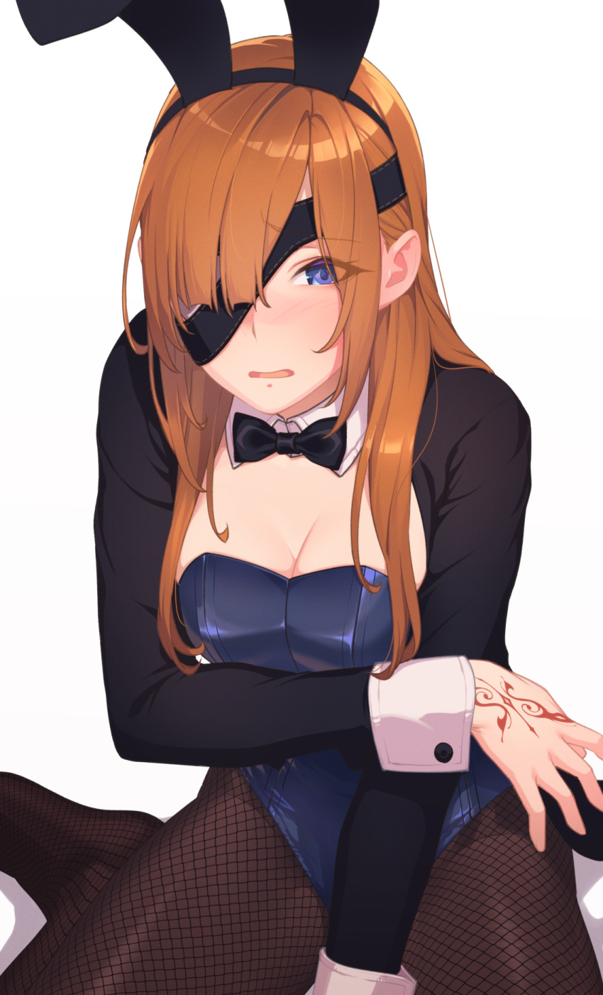 animal_ears black_jacket blue_eyes blue_leotard blush breasts brown_hair commentary_request detached_collar eyepatch fake_animal_ears fate/grand_order fate_(series) female fishnet_pantyhose fishnets highleg highleg_leotard highres hikichi_sakuya jacket leotard long_hair long_sleeves looking_at_viewer medium_breasts open_clothes open_jacket ophelia_phamrsolone pantyhose playboy_bunny rabbit_ears sidelocks sitting solo wariza