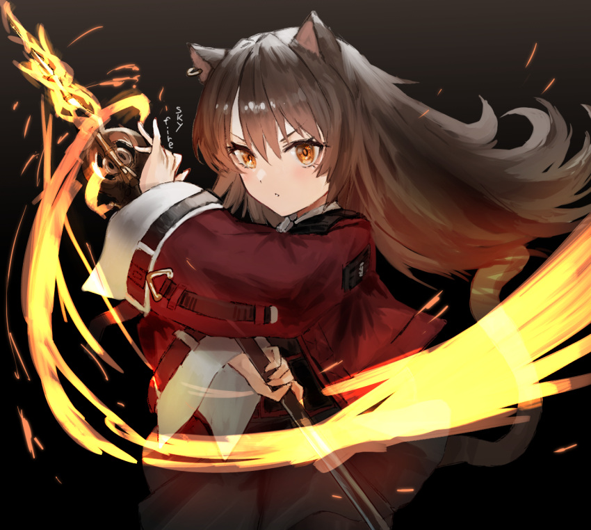 animal_ears arknights brown_eyes brown_hair cat_ears cat_girl cat_tail character_name earrings embers female fire hair_between_eyes hand_up highres holding holding_staff horn/wood jacket jewelry long_hair long_sleeves originium_arts_(arknights) red_jacket skirt skyfire_(arknights) solo staff tail upper_body wide_sleeves