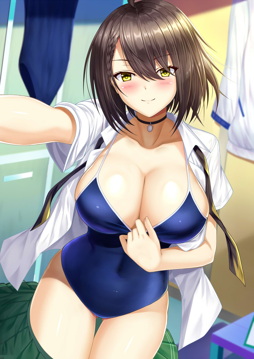 alternate_costume ass_visible_through_thighs azur_lane baltimore_(after-school_ace)_(azur_lane) baltimore_(azur_lane) bench black_choker black_hair black_necktie blue_one-piece_swimsuit blurry blurry_background blush bob_cut braid braided_bangs breasts choker cleavage closed_mouth clothes_pull collared_shirt commentary_request competition_school_swimsuit covered_navel cowboy_shot depth_of_field duplicate female foreshortening green_skirt hair_between_eyes highres indoors large_breasts locker locker_room long_sleeves looking_at_viewer necktie one-piece_swimsuit one-piece_swimsuit_pull open_clothes open_shirt outstretched_arm partially_undressed pixel-perfect_duplicate pleated_skirt school_swimsuit school_uniform selfie shibata_rai shiny_skin shirt short_hair short_sleeves sideboob skirt skirt_pull smile solo standing straight_hair swimsuit swimsuit_under_clothes thigh_gap thighs undone_necktie unworn_shirt unworn_swimsuit white_shirt yellow_eyes