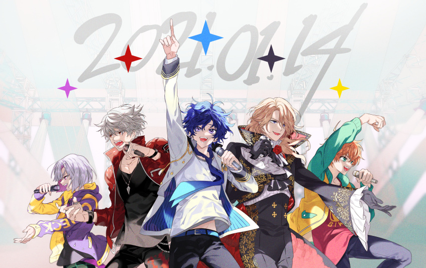 175x172nyrn 5boys arm_up asahi_nayuta bad_id bad_pixiv_id belt black_gloves black_pants black_shirt blonde_hair blue_hair blue_necktie clenched_hand commentary_request dated felix_louis-claude_mont_d'or frilled_sleeves frills from_argonavis gloves high_collar highres holding holding_microphone jacket jewelry kaminoshima_fuuta light_purple_hair long_hair male_focus md5_mismatch microphone midriff_peek multicolored_clothes multicolored_jacket multiple_boys nanahoshi_ren necklace necktie open_mouth orange_hair pants red_jacket red_shirt shirt sparkle stage two-tone_jacket ujigawa_shuu white_hair white_jacket white_shirt