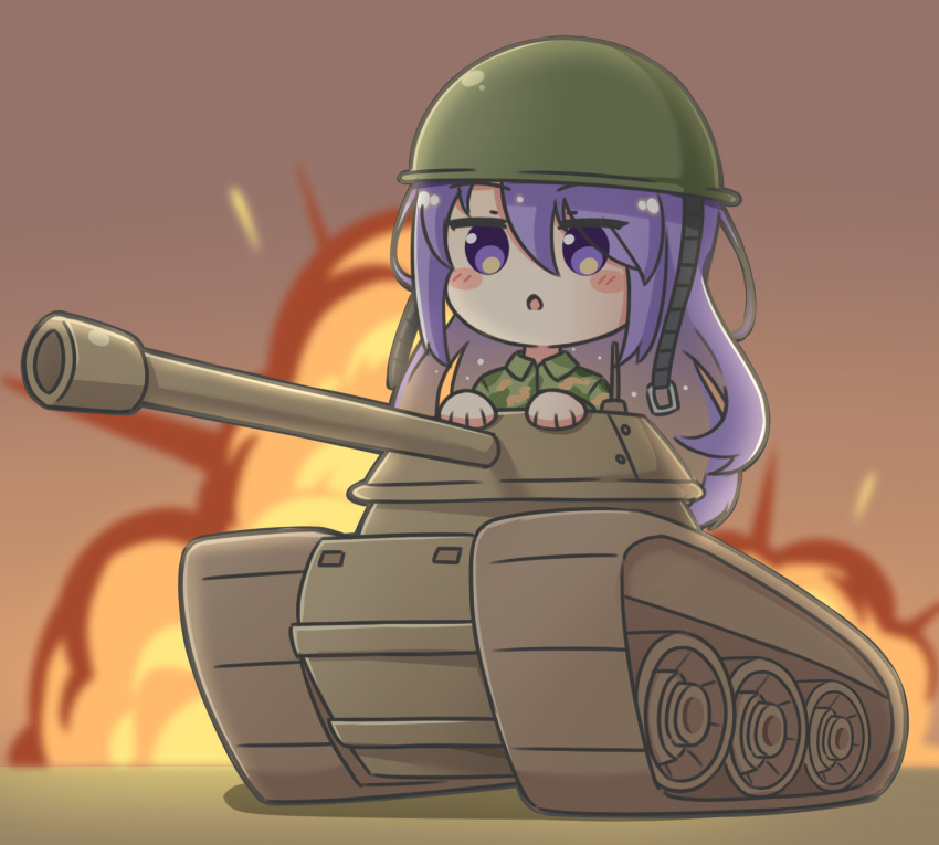 :o alternate_costume blurry blurry_background blush_stickers brown_background brown_hair camouflage camouflage_shirt chibi collared_shirt commentary depth_of_field dress_shirt explosion female full_body gradient_hair green_shirt hair_between_eyes helmet highres hololive hololive_indonesia long_hair military military_vehicle moona_hoshinova motor_vehicle multicolored_hair parted_lips purple_eyes purple_hair rutorifuki shirt solo tank very_long_hair virtual_youtuber