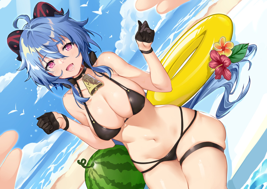 :d absurdres ahoge bare_arms bare_shoulders bell bikini black_bikini black_choker black_gloves blue_hair breasts choker cleavage collarbone commentary cowbell day dutch_angle female food fruit ganyu_(genshin_impact) genshin_impact gloves goat_horns halterneck hands_up highres horns innertube kikimi large_breasts long_hair looking_at_viewer low_ponytail multi-strapped_bikini navel neck_bell open_mouth outdoors pink_eyes sitting skindentation smile solo stomach string_bikini swim_ring swimsuit thigh_strap thighs very_long_hair watermelon wide_hips wristband