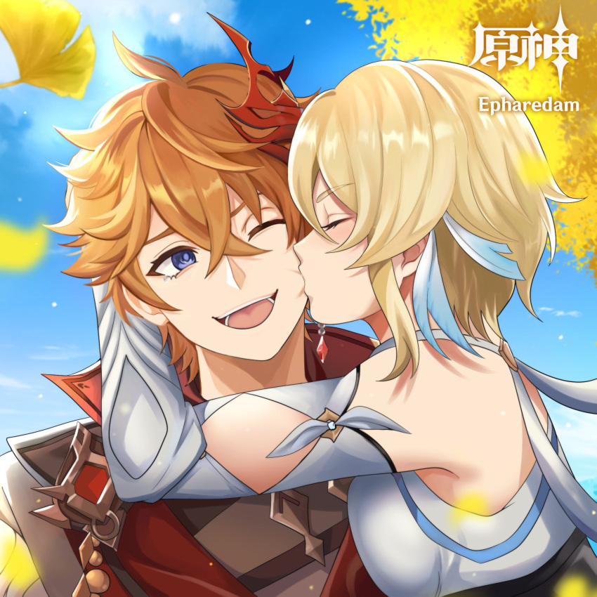 1boy ;d artist_name bare_shoulders biting blonde_hair blue_sky breast_press breasts cheek_biting dress earrings epharedam female genshin_impact highres hug jewelry leaf lumine_(genshin_impact) mask mask_on_head medium_breasts one_eye_closed open_mouth orange_hair sidelocks sky smile straight tartaglia_(genshin_impact) upper_body white_dress