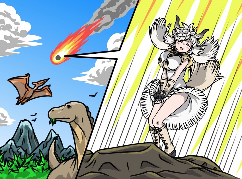 acesrulez animal_ears asteroid black_horns blush breasts closed_eyes commentary day dinosaur dress dress_tug extra_ears female floating_hair furrowed_brow gameplay_mechanics grey_horns horns impossible_clothes impossible_dress kemono_friends kemono_friends_3 knees_together_feet_apart large_breasts long_hair multicolored_horns open_mouth outdoors ox_ears ox_girl ox_horns ox_tail parody shirt short_sleeves smile smoke speed_lines standing symbol-only_commentary tail the_seven-year_itch twintails underbust white_dress white_hair wind wind_lift yak_(kemono_friends) yellow_shirt