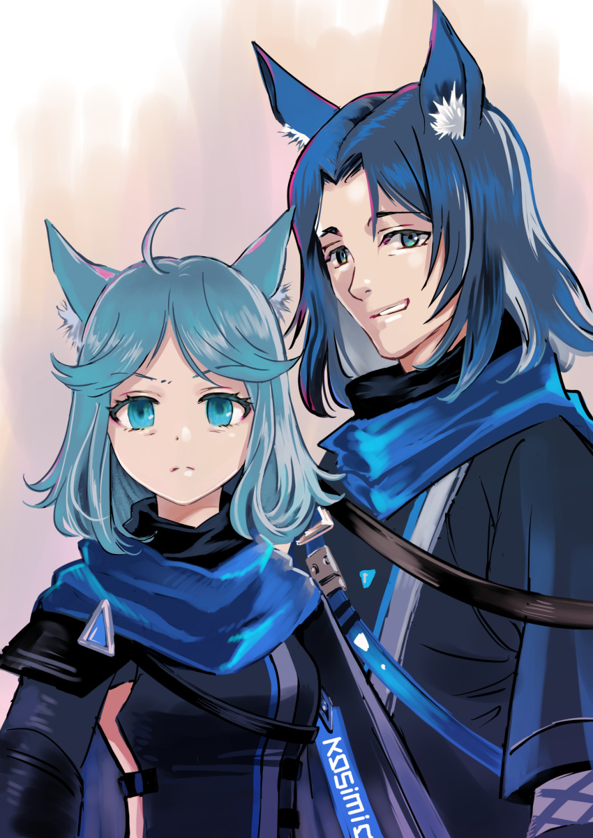 1boy ahoge animal_ear_fluff animal_ears arknights blue_eyes blue_hair blue_jacket blue_scarf breasts cat_ears female forehead grin highres horse_ears jacket kantaro long_sleeves looking_at_viewer medium_hair monique_(arknights) roy_(arknights) scarf small_breasts smile upper_body