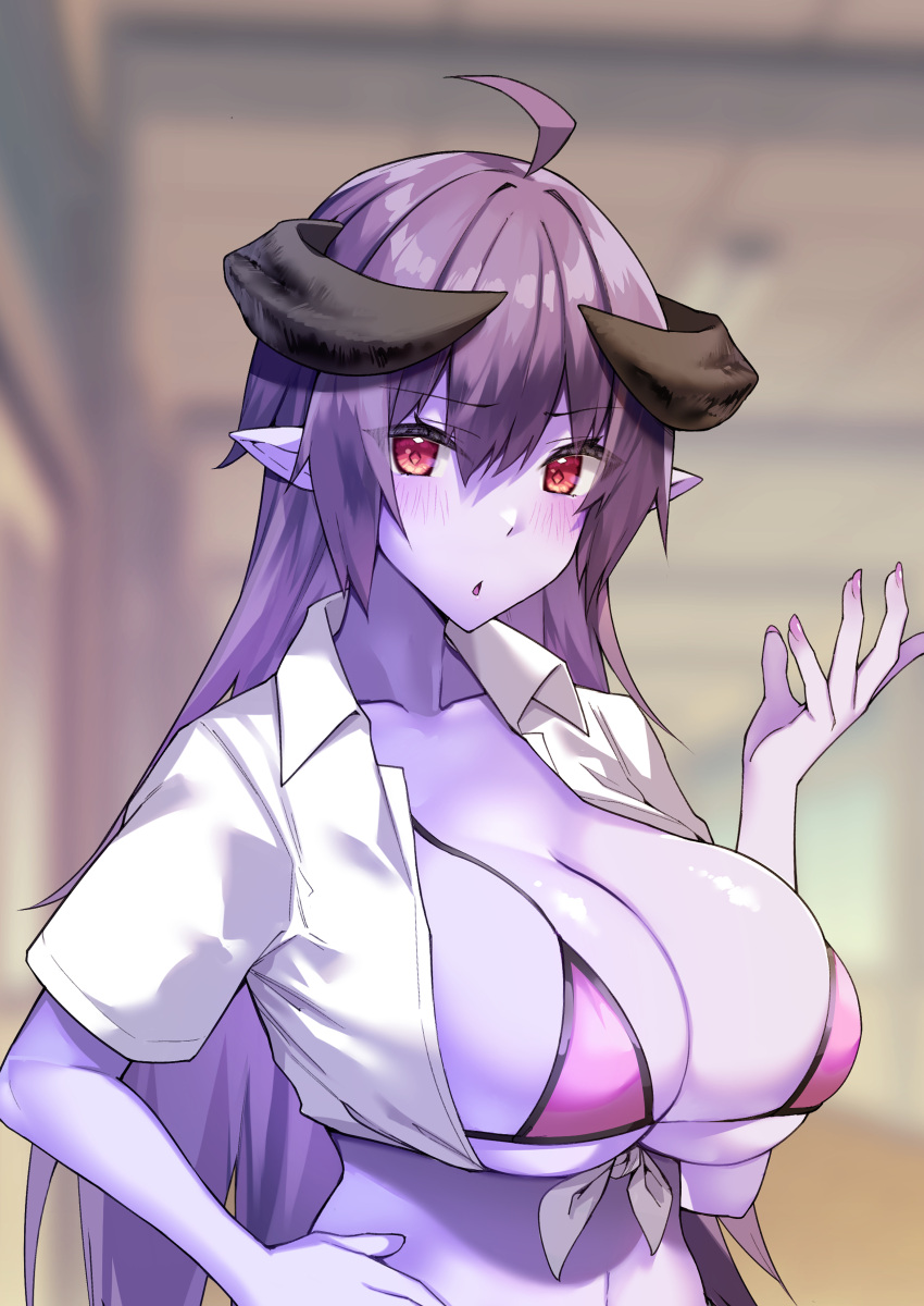 absurdres ahoge amesuku_gyaru arunira bikini blush breasts brll collared_shirt colored_skin commentary_request demon_horns female fingernails gyaru hand_on_own_hip hand_up highres horns kogal large_breasts long_hair looking_at_viewer nail_polish original parted_lips pink_bikini purple_hair purple_nails purple_skin school_uniform shirt solo swimsuit tied_shirt white_shirt wing_collar