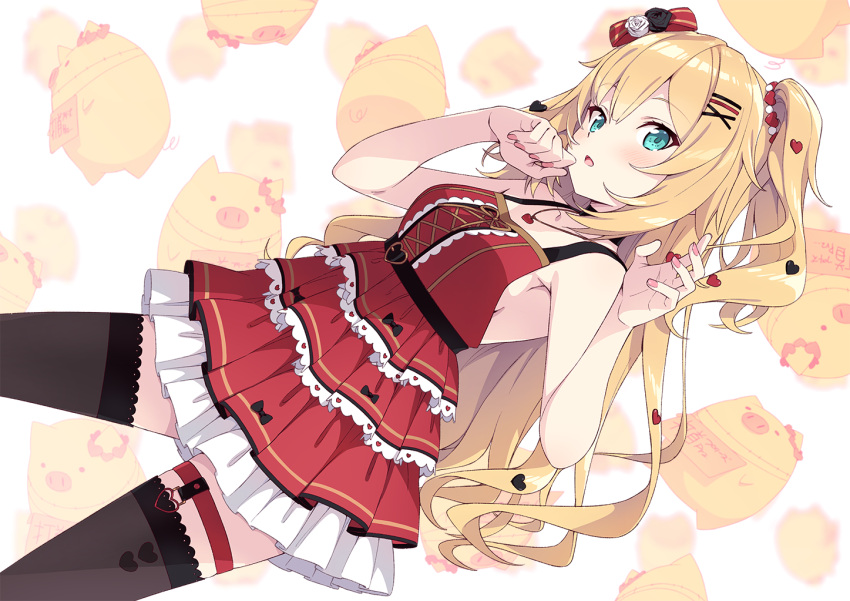 akai_haato akai_haato_(gothic_lolita) black_thighhighs blonde_hair blush bow breasts commentary_request dress feet_out_of_frame female green_eyes haaton_(akai_haato) hair_ornament hairbow hairclip hands_up heart heart_hair_ornament hololive jewelry kanzaki_hiro long_hair looking_at_viewer medium_breasts nail_polish necklace official_alternate_costume official_alternate_hairstyle parted_lips pink_nails red_bow red_dress simple_background sleeveless sleeveless_dress solo thighhighs two_side_up very_long_hair virtual_youtuber white_background