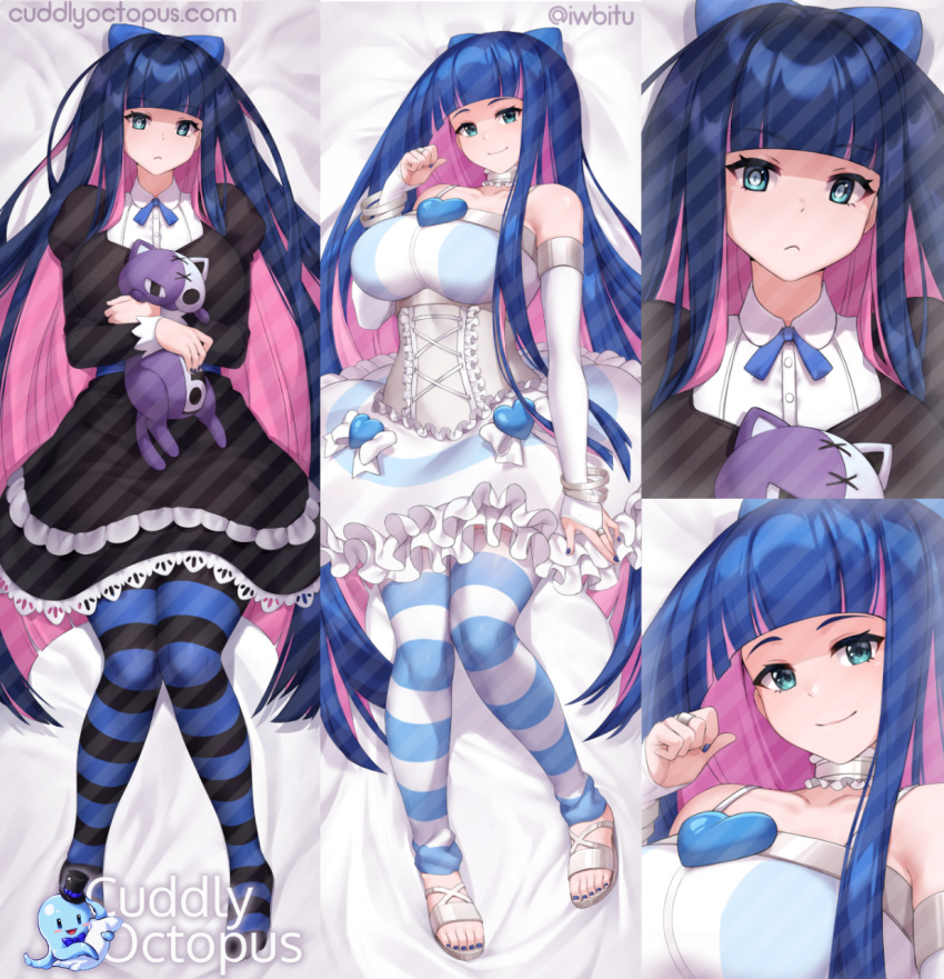 bare_shoulders blue_bow blue_eyes blue_nails blue_ribbon blunt_bangs bow breasts bridal_gauntlets choker collarbone colored_inner_hair cuddly_octopus dakimakura_(medium) elbow_gloves female frills gloves hairbow heart highres honekoneko_(psg) iwbitu juliet_sleeves large_breasts long_hair long_sleeves looking_at_viewer lying multicolored_hair multiple_views nail_polish neck_ribbon on_back panty_&_stocking_with_garterbelt puffy_sleeves ribbon sample_watermark sandals smile stocking_(psg) striped_clothes striped_thighhighs stuffed_animal stuffed_toy thighhighs toenail_polish toenails twitter_username very_long_hair watermark white_gloves