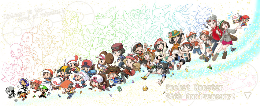 >_< 6+boys 6+girls :> :o ;d absurdres amulet_coin anniversary art_shift backpack backwards_hat bag bandana baseball_cap beanie black_hair boots bottle_cap brendan_(pokemon) brown_bag brown_eyes brown_footwear brown_hair bucket_hat bulbasaur buttons calem_(pokemon) candy candy_wrapper charmander chase_(pokemon) chespin chibi chikorita clenched_hand closed_eyes closed_mouth coat collared_shirt commentary_request copyright_name cyndaquil dawn_(pokemon) dress eevee egg elaine_(pokemon) elio_(pokemon) ethan_(pokemon) eyelashes eyewear_on_headwear fennekin flame-tipped_tail food gem gloria_(pokemon) green_bag green_headwear green_legwear green_shorts grey_eyes grookey hair_ornament hairclip hat highres hilbert_(pokemon) hilda_(pokemon) holding_strap jacket kris_(pokemon) leaf_(pokemon) light_brown_hair litten long_hair looking_at_viewer looking_back lucas_(pokemon) lyra_(pokemon) may_(pokemon) mudkip multiple_boys multiple_girls nagi_(exsit00) nate_(pokemon) one_eye_closed open_mouth oshawott pants pantyhose pikachu pink_headwear piplup pleated_skirt poke_ball poke_bean poke_flute pokeblock pokeblock_case pokemon pokemon_(creature) pokemon_bdsp pokemon_bw pokemon_bw2 pokemon_dppt pokemon_egg pokemon_frlg pokemon_gsc pokemon_hgss pokemon_lgpe pokemon_oras pokemon_platinum pokemon_rgby pokemon_sm pokemon_swsh pokemon_usum pokemon_xy ponytail popplio pose potion_(pokemon) purple_dress purple_hair rare_candy red_(pokemon) red_shirt red_skirt rosa_(pokemon) rowlet running rusted_shield_(pokemon) rusted_sword_(pokemon) scarf scorbunny selene_(pokemon) serena_(pokemon) shirt shoes shorts skirt smile snivy sobble socks squirtle substitute_(pokemon) tam_o'_shanter tied_shirt tongue torchic totodile treecko turtwig victor_(pokemon) white-framed_eyewear white_headwear white_scarf wrapped_candy z-ring